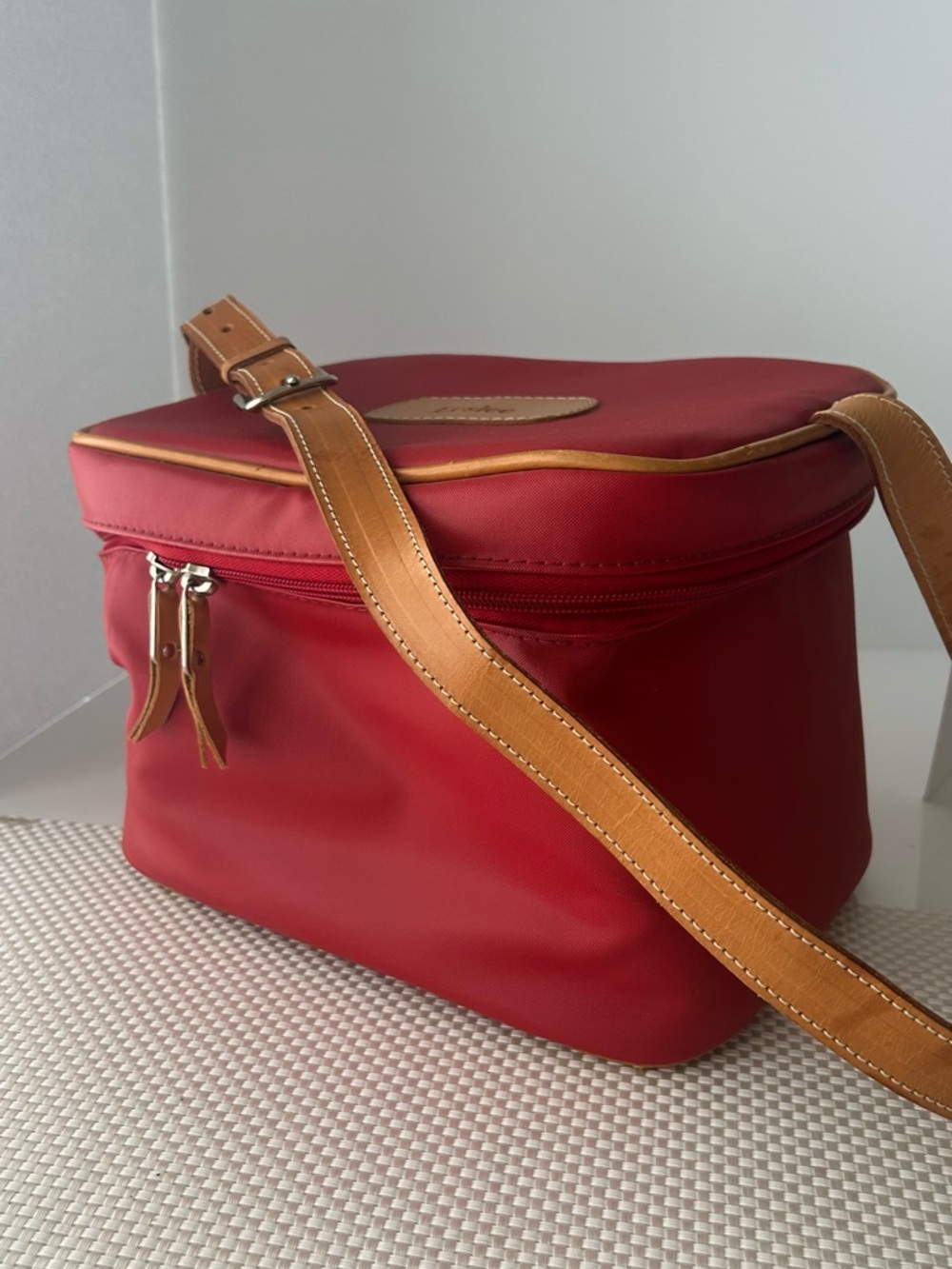 Jon Hart Design Red Cosmetic Case with Tan Strap Leslee